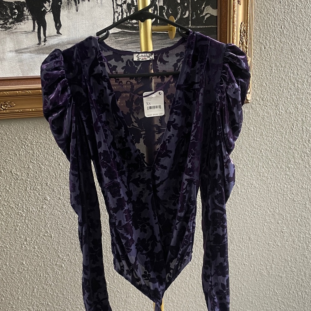 Free People Deep V Crushed Velvet Floral Bodysuit - Purple